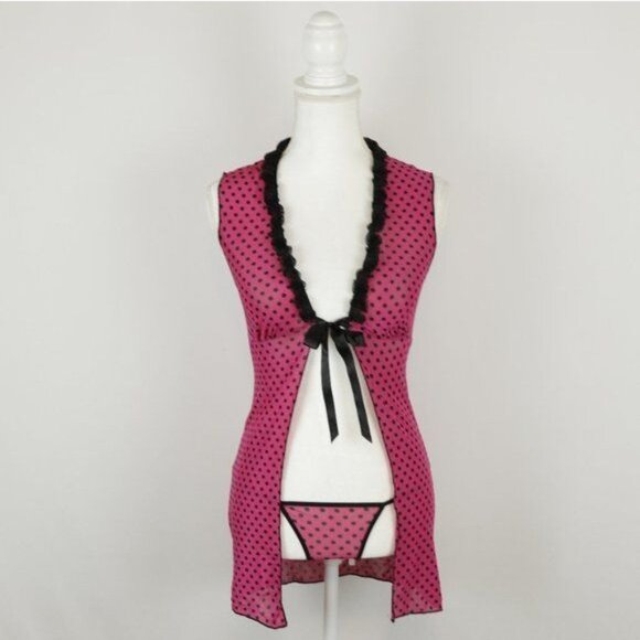 Dreamgirl Women's Small Pink Black Polka Dot Tie Closure 2 Piece Lingerie Set - Picture 1 of 6